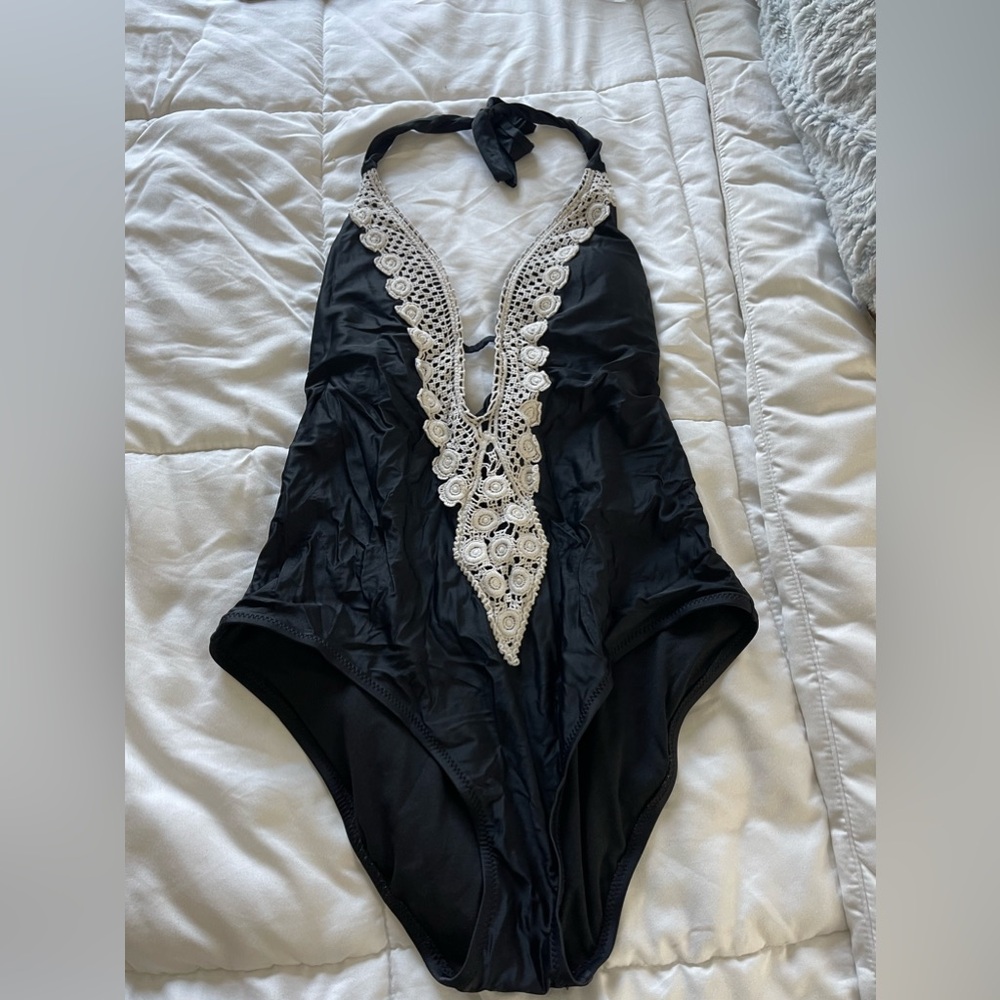 Black Swimsuit w/ White Crocheted Design
